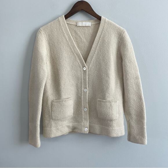 Hesperios | Women’s Knit Baby Alpaca Sweater Cream Button Front Cardigan Sweater - Picture 3 of 12